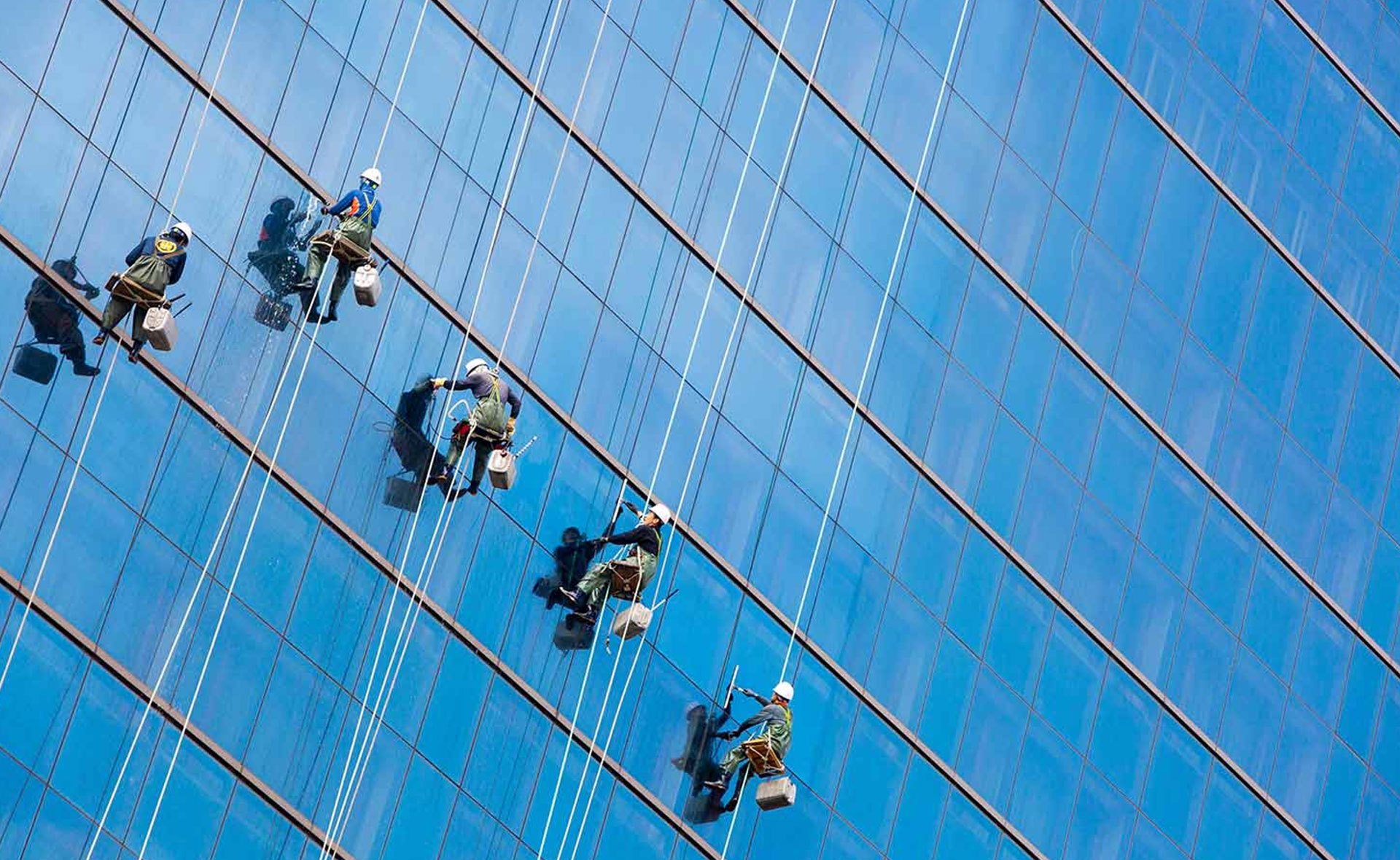 A team cleans building windows, highlighting urban maintenance.
