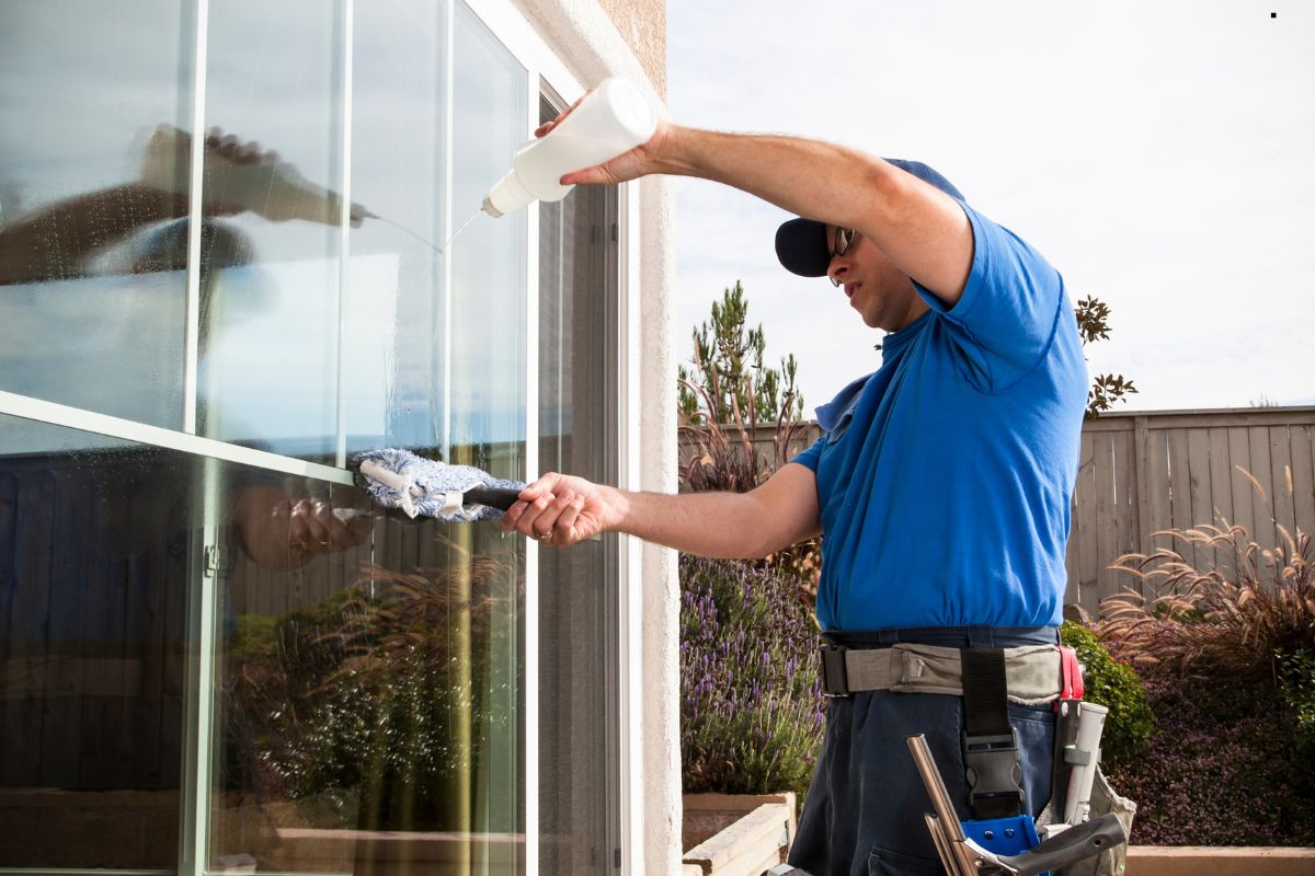 A man dressed in blue shirt and jeans is diligently cleaning a window, eliminating hard water stains.