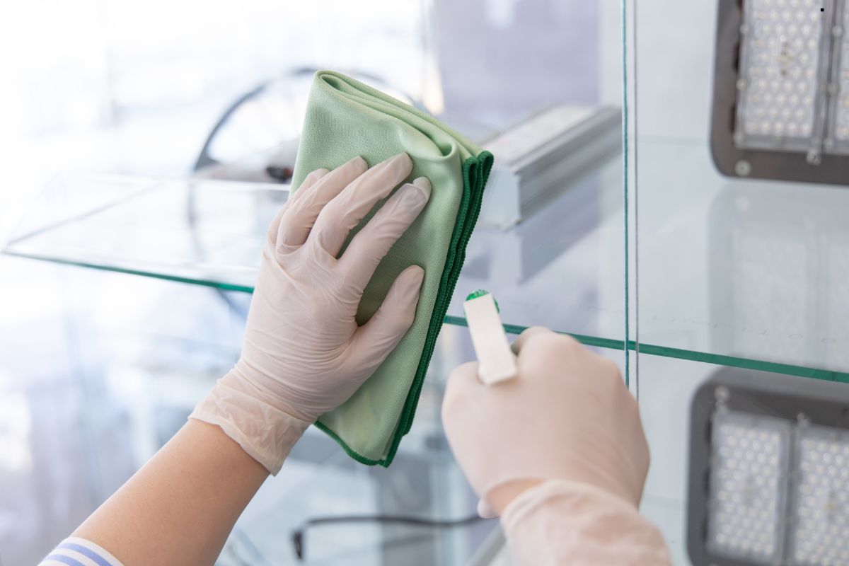 An individual in white gloves carefully wipes a glass case, highlighting the importance of cleanliness in window care.