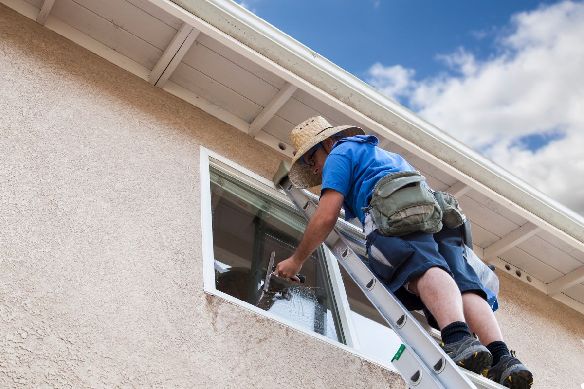 A man on a ladder carefully cleaning a window with a cloth, focused on achieving a streak-free shine.
